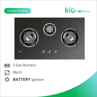L903G 3-Burner Matt Black Tempered Glass Gas Hob (86cm)