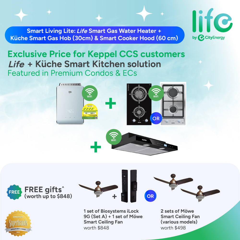 Smart Living Lite: Life Smart Gas Water Heater (L10WFE) + Küche Smart Gas Hob (KGH320GW or KGH320SW)  + Küche Smart Cooker Hood (KSH60BW or KSH60SW) & FREE GWP Options