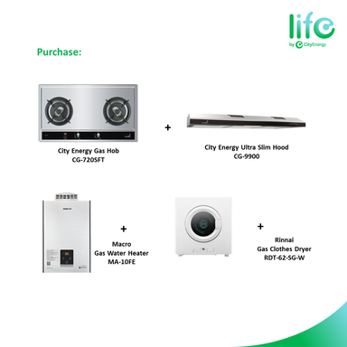 Eco Family Package: City Energy Timer Hob + Hood + Modulated Gas Water Heater + Gas Clothes Dryer