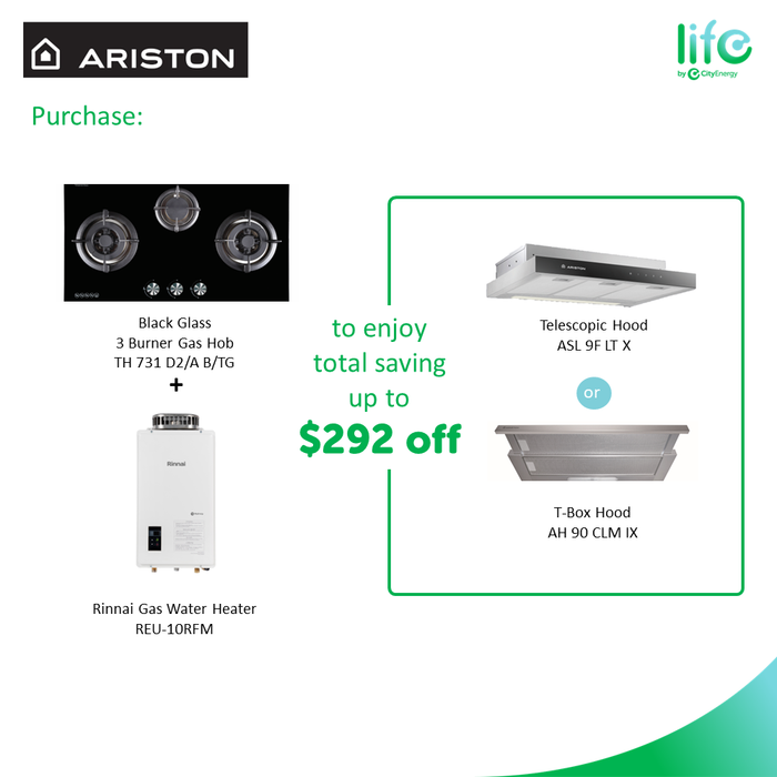 Ariston Home Cook Package: Ariston 3 Burner Gas Hob + Cooker Hood + any Gas Water Heater