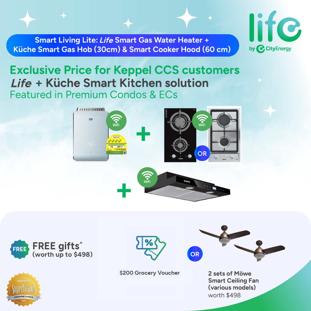 Smart Living Lite: Life Smart Gas Water Heater (L10WFE) + Küche Smart Gas Hob (KGH320GW or KGH320SW)  + Küche Smart Cooker Hood (KSH60BW or KSH60SW) & FREE GWP Options (Price before CCS Discount)
