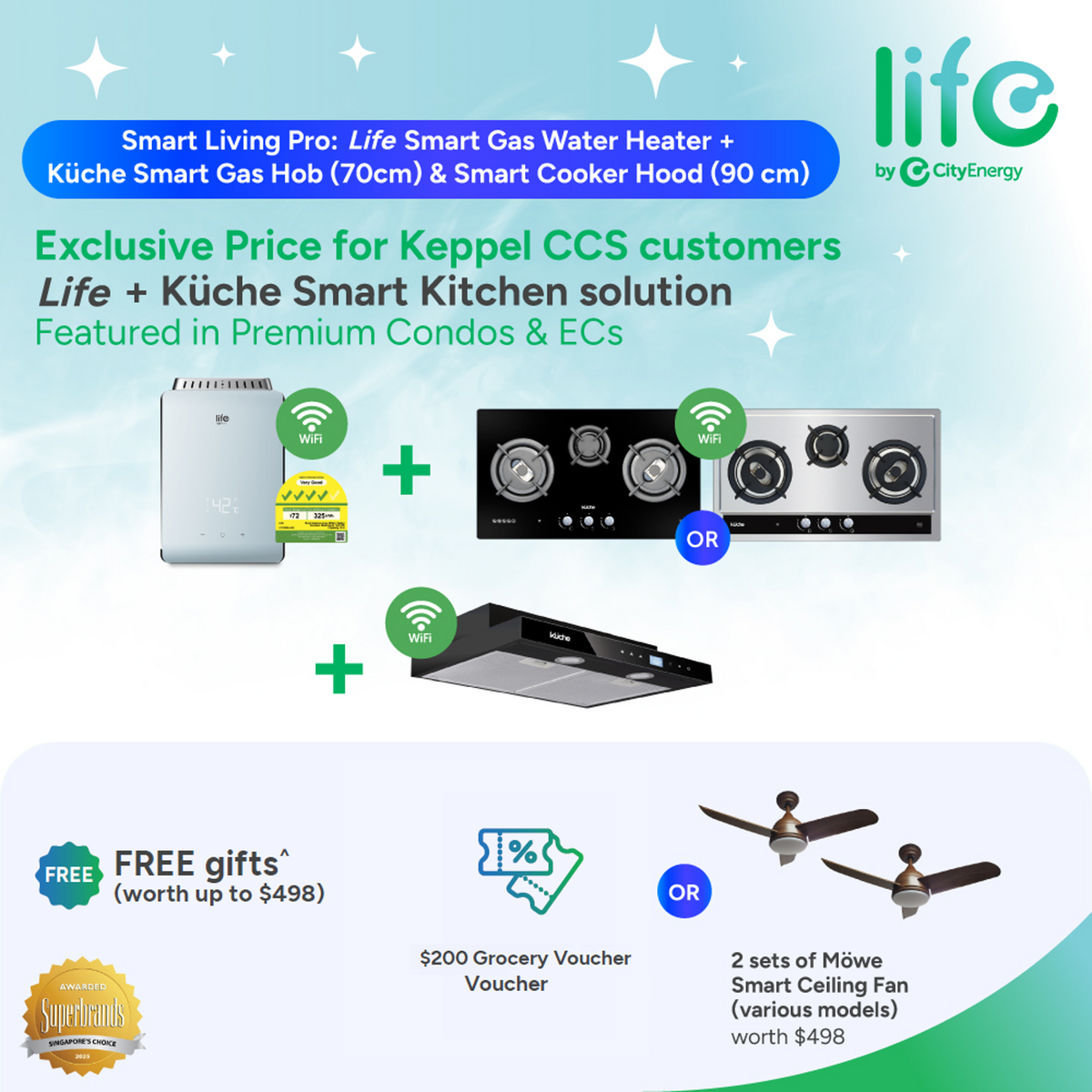 Smart Living Pro: Life Smart Gas Water Heater (L10WFE) + Küche Smart Gas Hob (Any 70cm Model)  + Küche Smart Cooker Hood (KSH90BW or KSH90SW) & FREE GWP Options (Price before CCS discount)