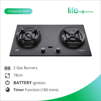 Life 78cm 2-Burner Gas Hob - Tempered Glass