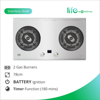 Life 78cm 2-Burner Gas Hob - Stainless Steel