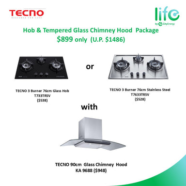 TECNO 90cm Glass Chimney Hood + 3 Burner Hob