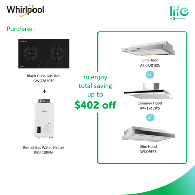Whirlpool Home Cook Package: Whirlpool 2 Burner Gas Hob + Cooker Hood + any Gas Water Heater